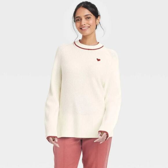 A New Day Women's Valentine's Crewneck Pullover Sweater Cream Heart Size XL - Picture 1 of 6